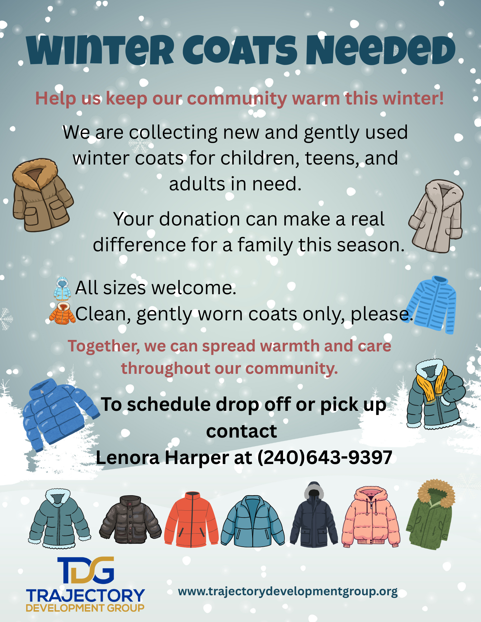 Flyer for winter coat drive by Trajectory Development Group featuring illustrations of winter coats and snow falling, with text requesting donations of gently used coats for children, teens, and adults in need.