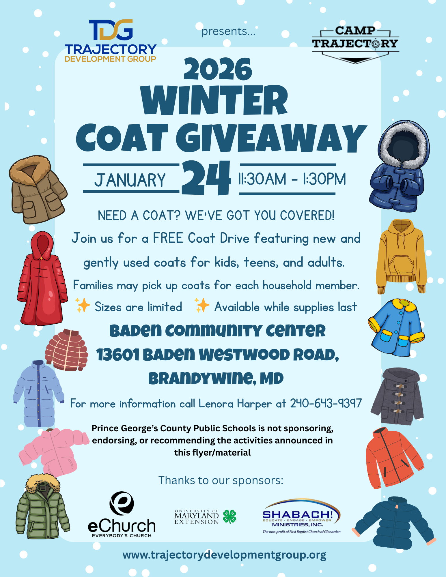 Flyer for a winter coat giveaway event on January 24, 2026, from 11:30 AM to 1:30 PM at the Baden Community Center, Brandywine, MD, featuring images of various winter coats.