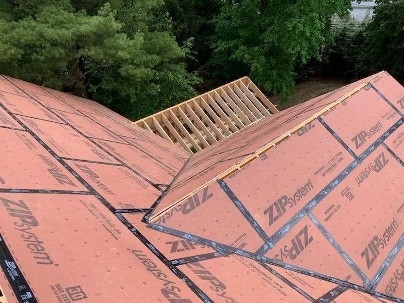 View of wooden roof structure covered with ZIP System sheathing panels and trees in the background.