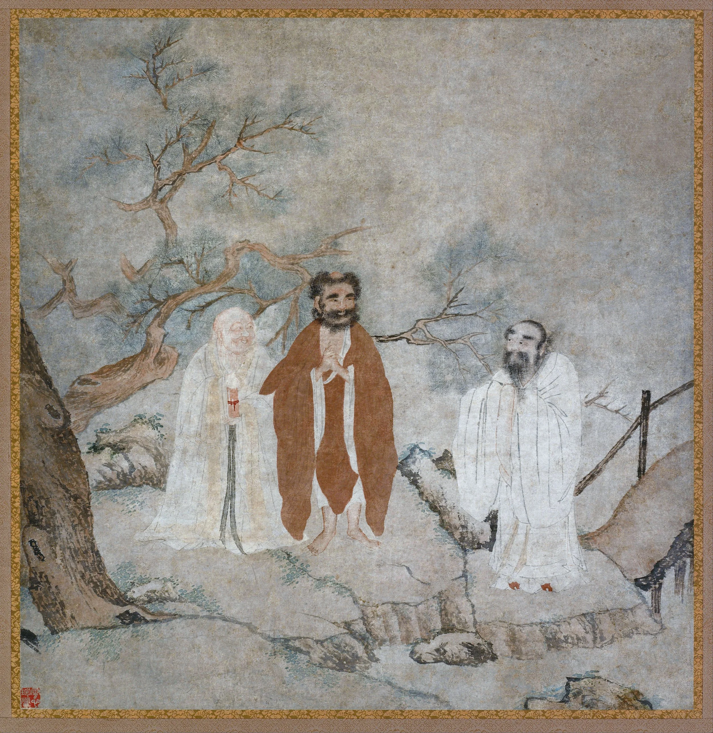 A traditional Asian ink and watercolor painting on paper or silk featuring a tree with no leaves, possibly a pine or similar, with a person with a beard and traditional clothing standing under it, and a faint, cloudy background with a moon or sun.