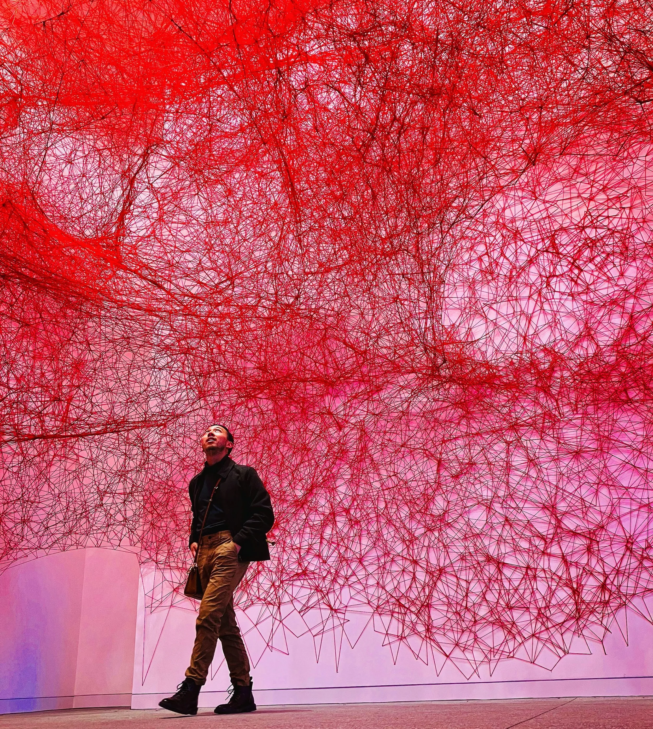 A man stands in front of a large artwork made of numerous interconnected red lines, creating a web-like pattern against a gradient pink and purple background. The man is dressed in brown pants, a black jacket, and black boots, carrying a bag, and looking upward.