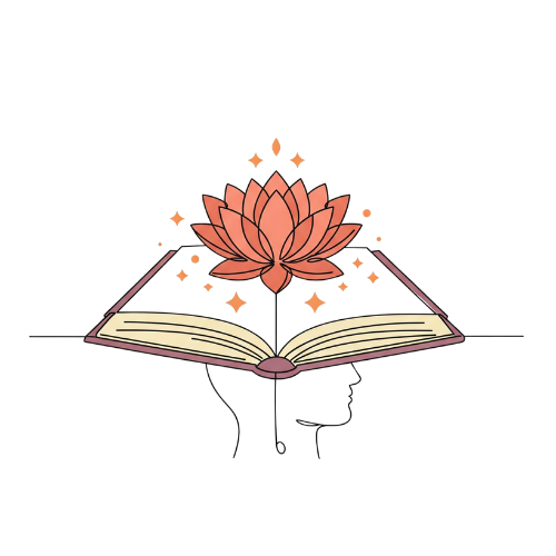 Open book with a pink lotus flower emerging from its pages, surrounded by sparkles and paper sheets.
