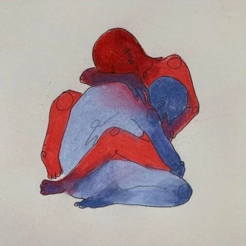 Digital drawing of two abstract, intertwined figures in red and blue, embracing each other.
