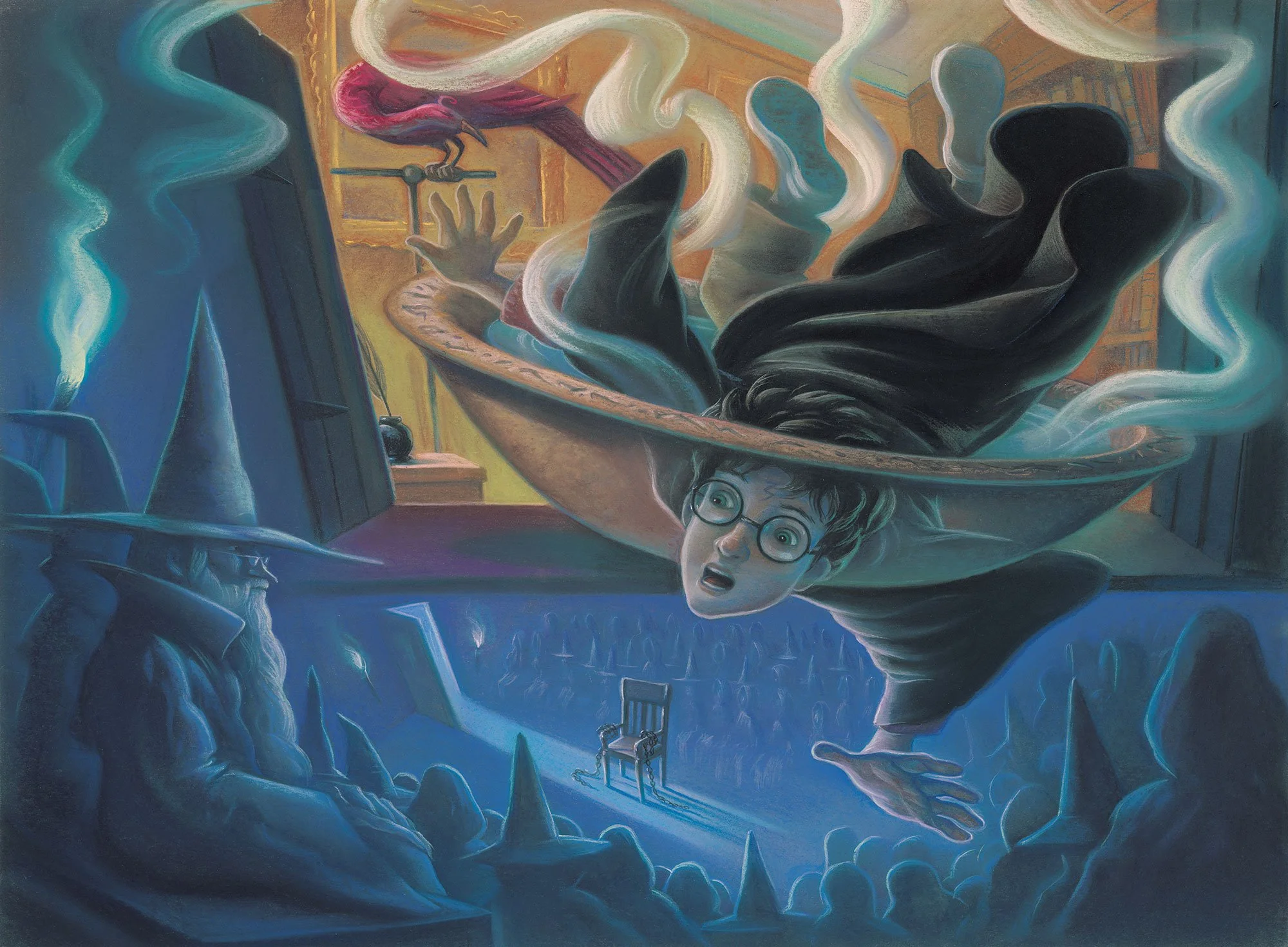 A surreal painting showing a person with glasses falling into a bathtub with a black figure. Smoke or steam rises from the tub, and a pink bird sits on a perch in the background.