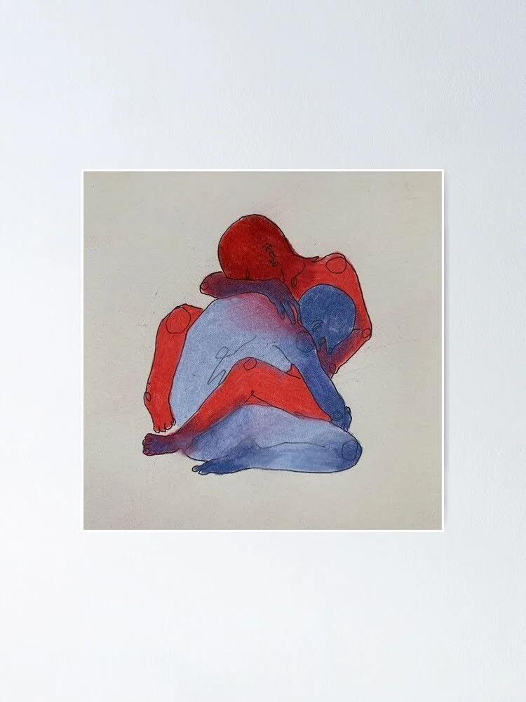 A watercolor painting of two abstract human figures, one red and one blue, intertwined in a kneeling embrace against a plain background.