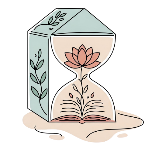 A decorative hourglass with floral patterns, featuring a pink lotus flower inside and an open book at the base.