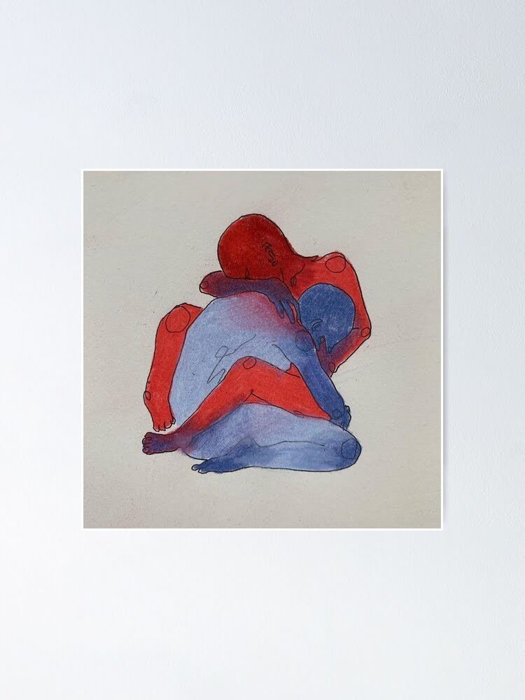 An abstract watercolor painting depicting two human figures, one in red and the other in blue, embracing each other in a crouched, intertwined pose.