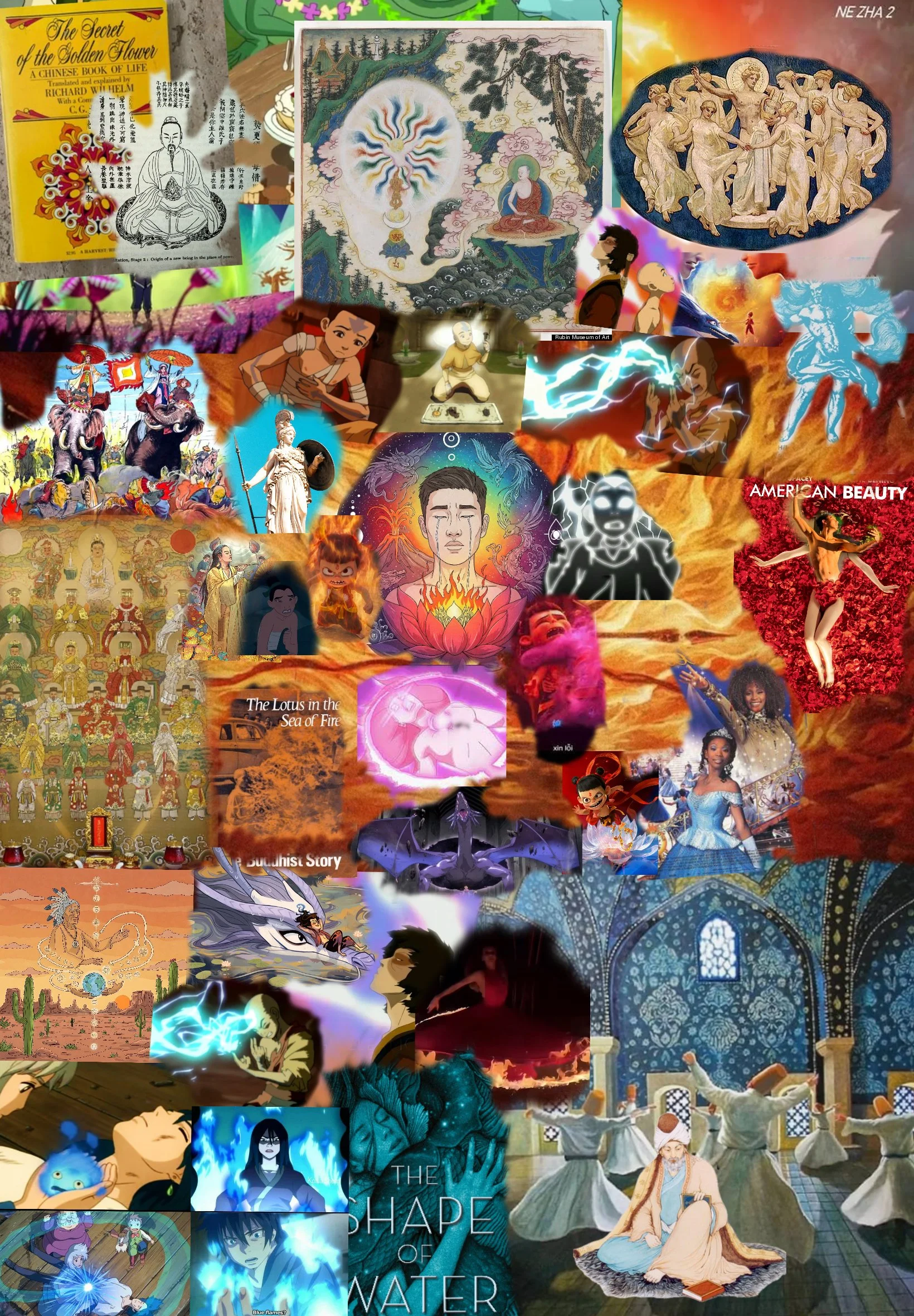 A collage of various animated and illustrated scenes from Asian cultures, mythology, and fantasy, including traditional dancers, divine figures, mythical creatures, and spiritual symbols.