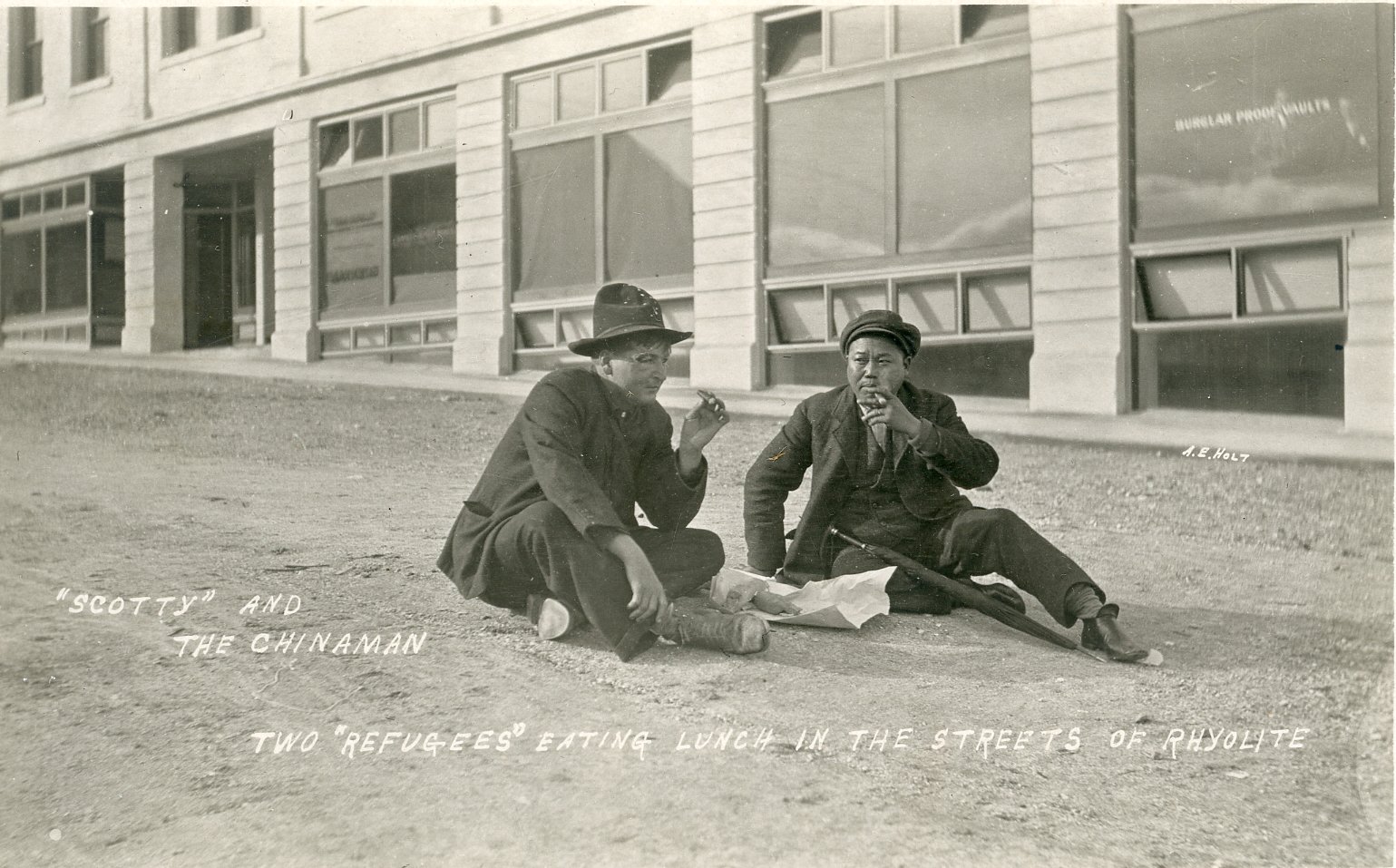 When a restaurant denied service to his Chinese friend, Scotty walked out and the two staged a protest by sitting down and enjoying each other's company in the street.
Nevada Historical Society CA-00238 Scotty and the Chinaman.tif