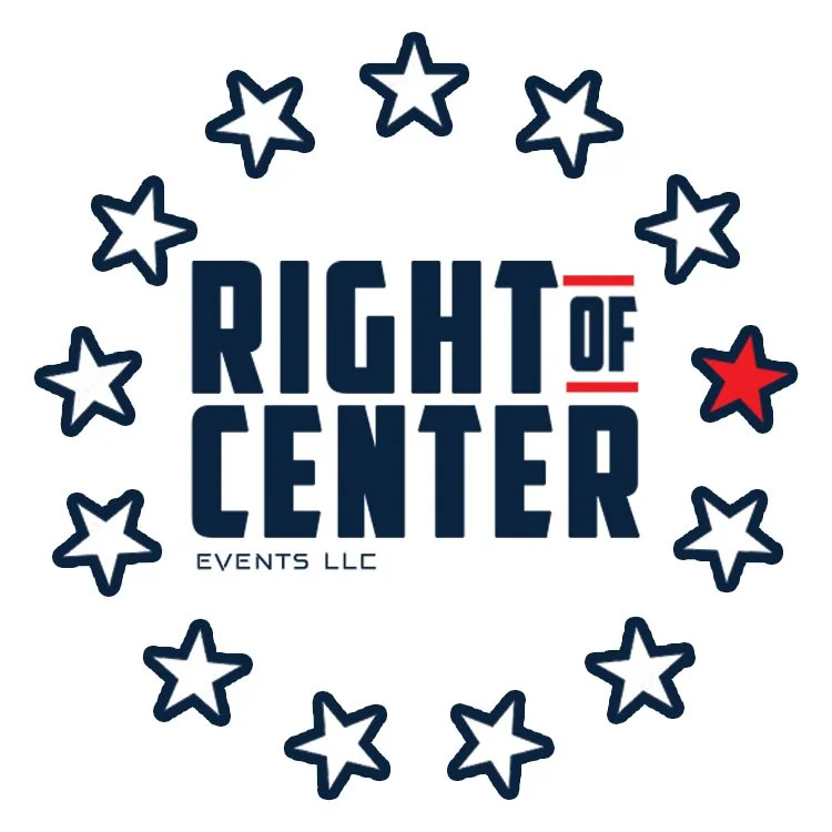 Logo of Right of Center Events LLC with stars in a circular pattern and one red star.
