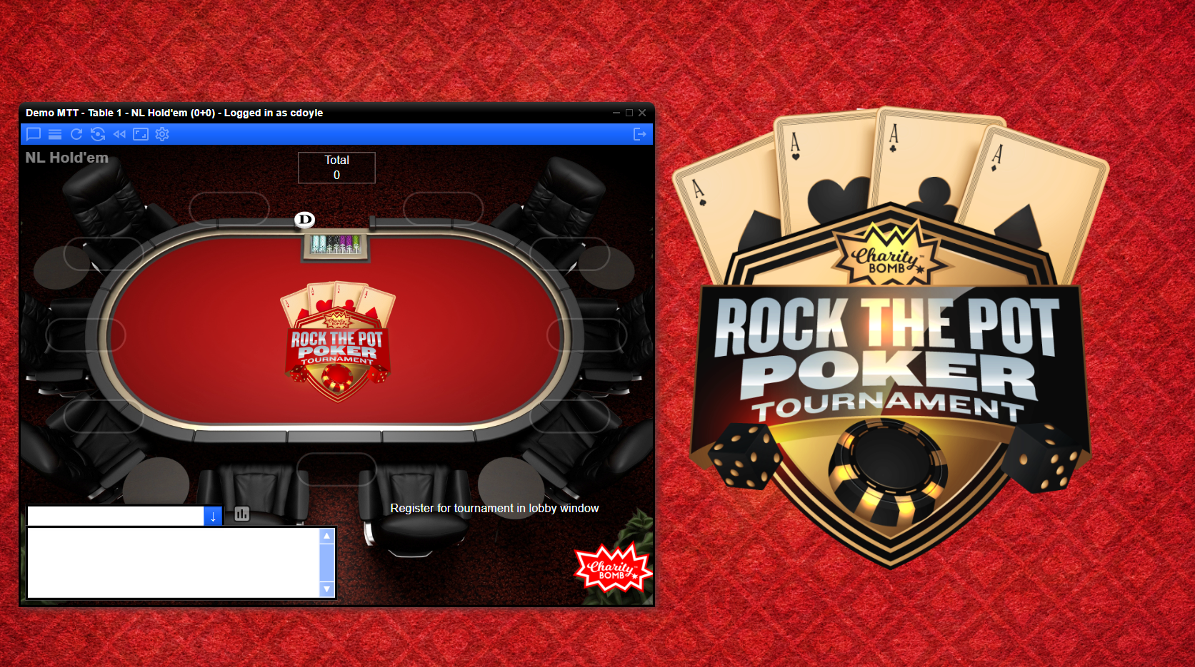 A non-profit poker fundraising charity poker virtual poker night online poker game table for a Rock the Pot Poker Tournament.