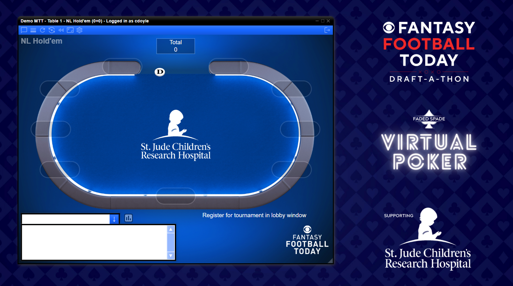 A non-profit poker fundraising charity poker virtual poker night for a charity event supporting St. Jude Children's Research Hospital, with the text 'Virtual Poker' and logos including Faded Spade and Fantasy Football Today.