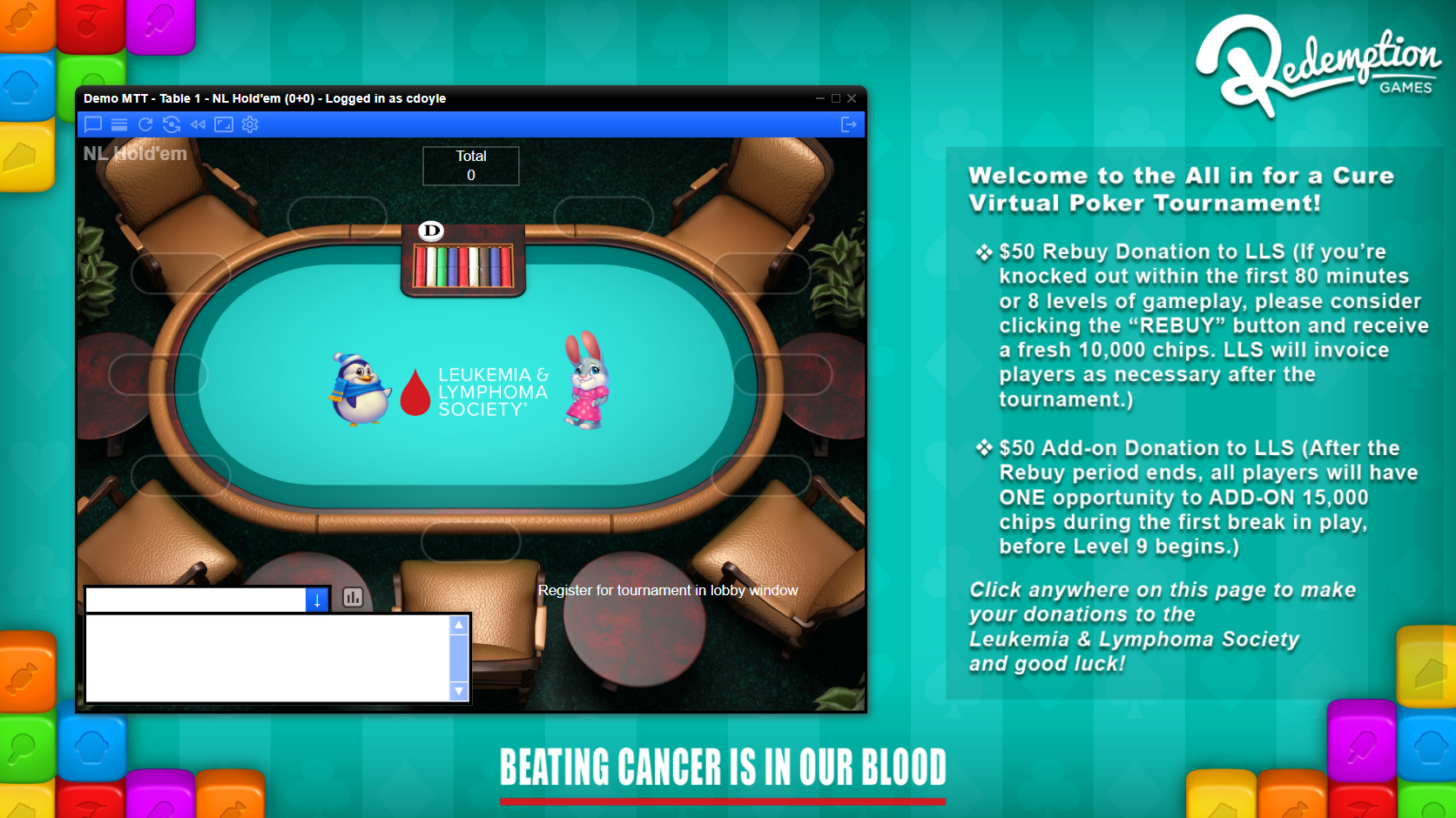 non-profit poker fundraising charity poker virtual poker night poker tournament interface featuring leukemia and lymphoma society logos, colorful characters, and a welcoming message for a charity event.