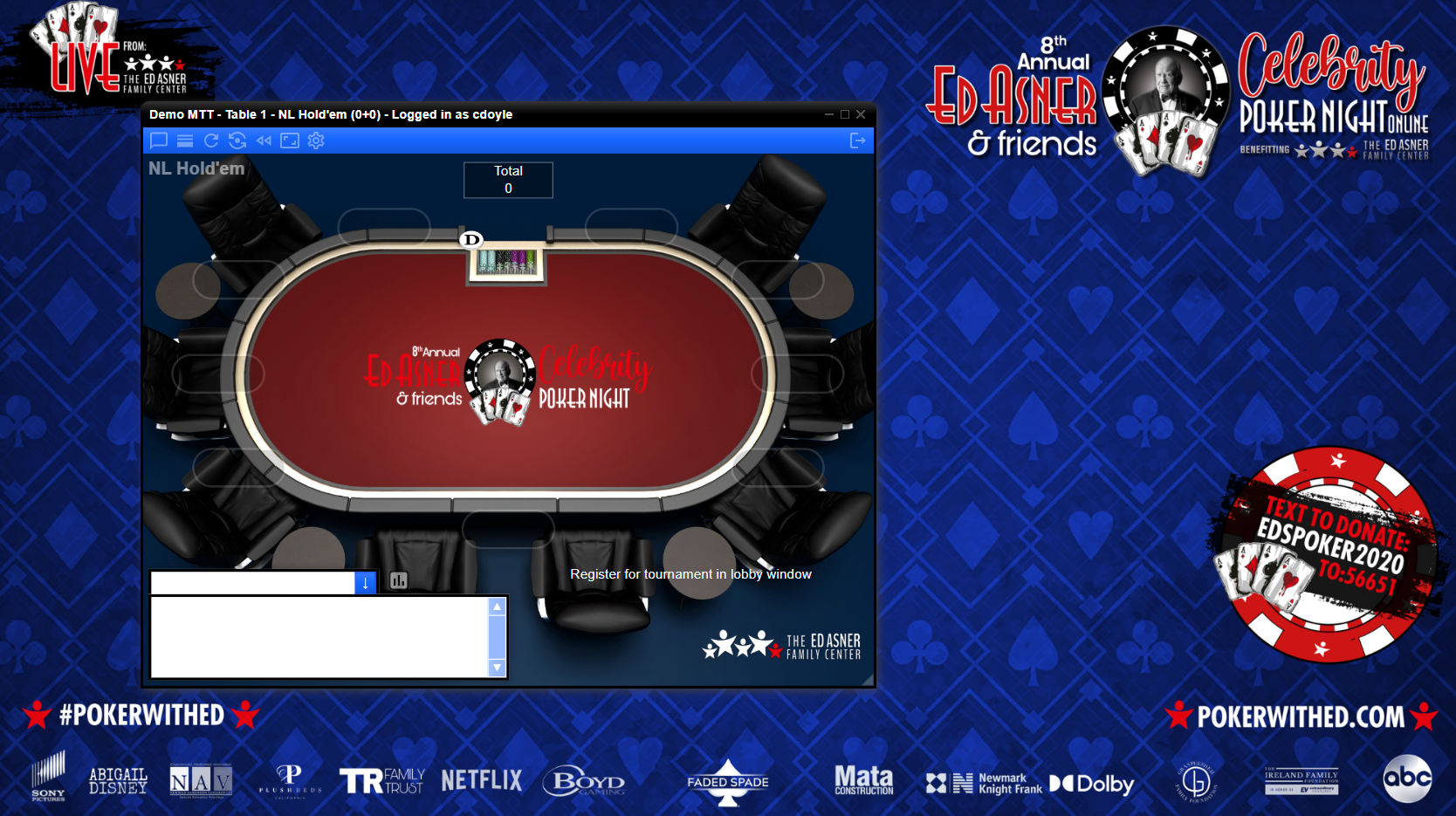 A non-profit poker fundraising charity poker virtual poker night poker tournament table with a banner for the 8th Annual Ed Asner & Friends Celebrity Poker Night.