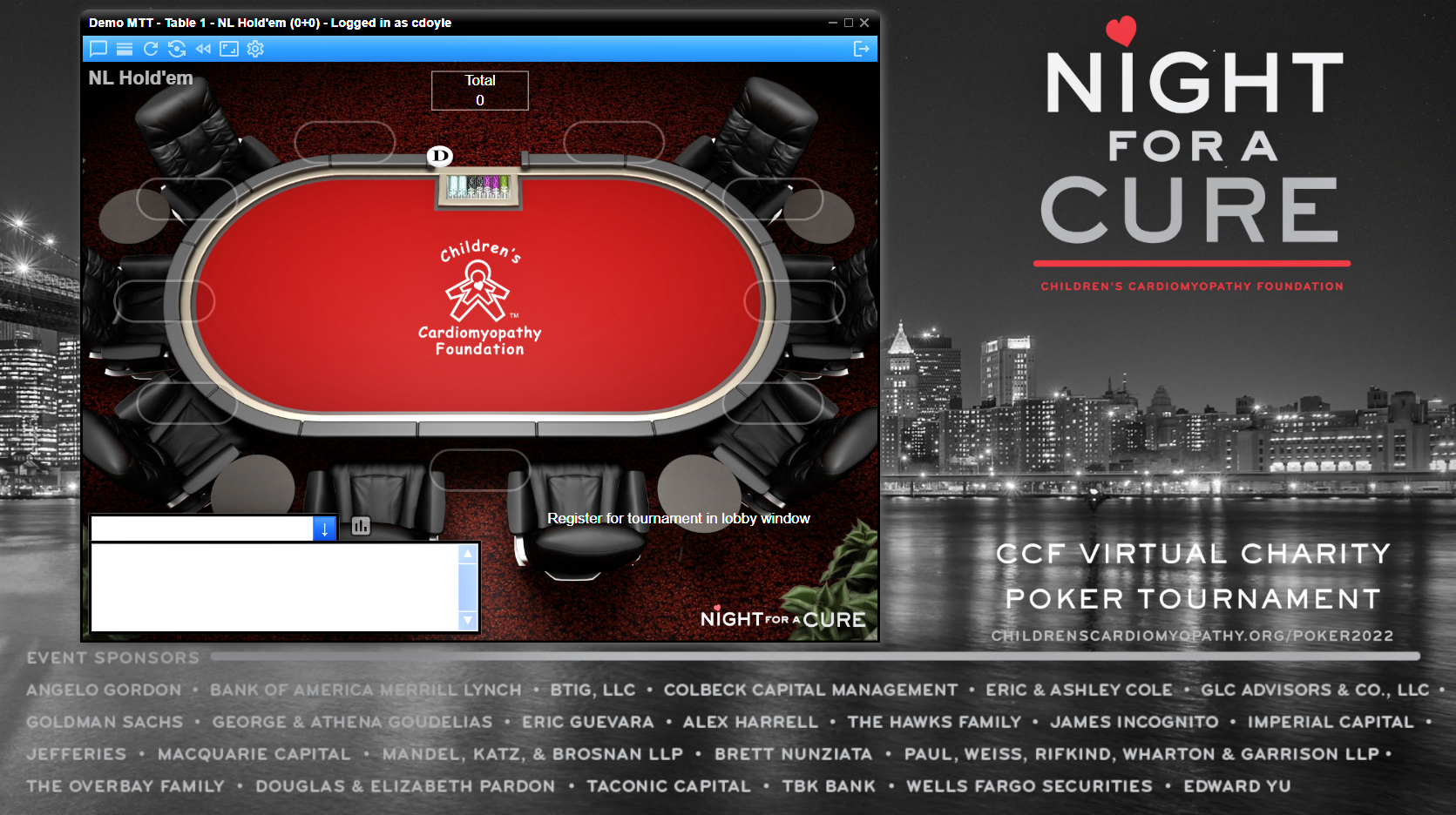 A non-profit poker fundraising charity poker virtual poker night online poker tournament table with a red felt surface and black chairs, organized by the Children's Cardiomyopathy Foundation, as part of Night for a Cure charity event.