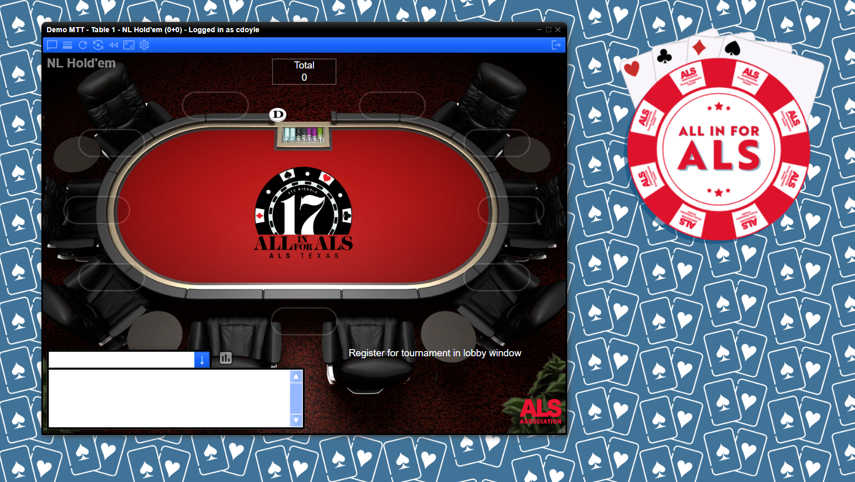 non-profit poker fundraising charity poker virtual poker night online poker table with ALS awareness logo, surrounded by black chairs, and a deck of cards with ALS branding on a blue background with spade symbols.