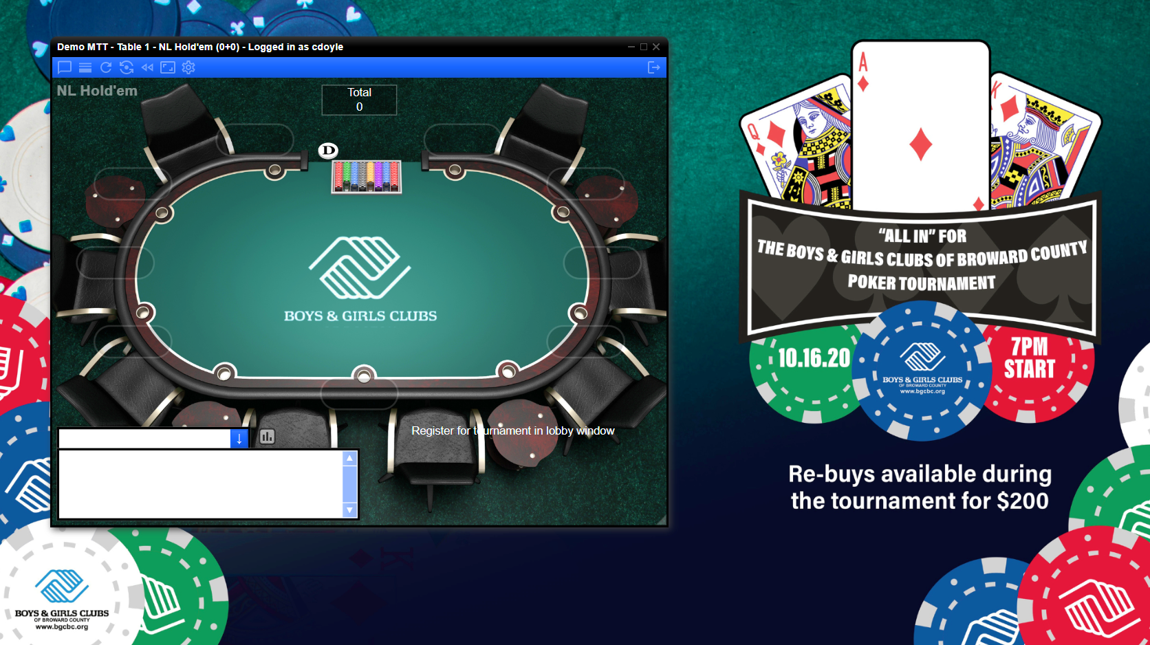 A non-profit poker fundraising charity poker virtual poker night poker game table with a green felt, labeled 'Boys & Girls Clubs,' and poker chips surrounding it, indicating a tournament for the Boys & Girls Clubs of Broward County.