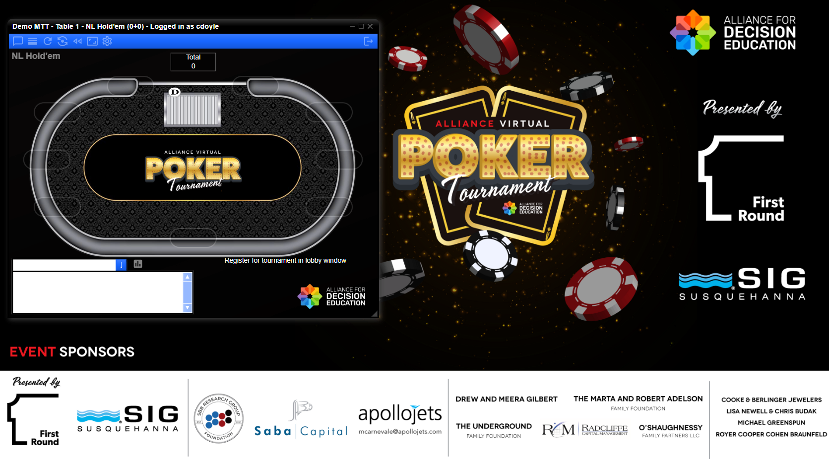 A non-profit poker fundraising charity poker virtual poker night graphic for a virtual poker tournament hosted by the Alliance for Decision Education.