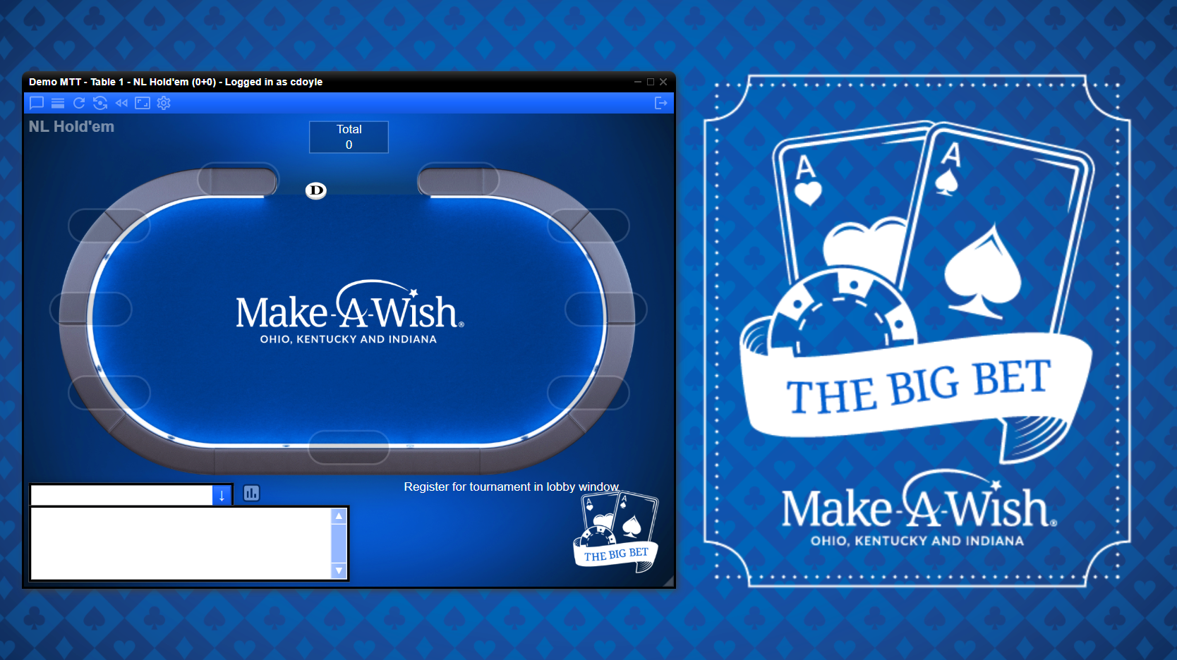 non-profit poker fundraising charity poker virtual poker night poker game lobby with the logo 'Make-A-Wish Ohio, Kentucky and Indiana' and the title 'The Big Bet' on a blue background with playing card and poker chip graphics.