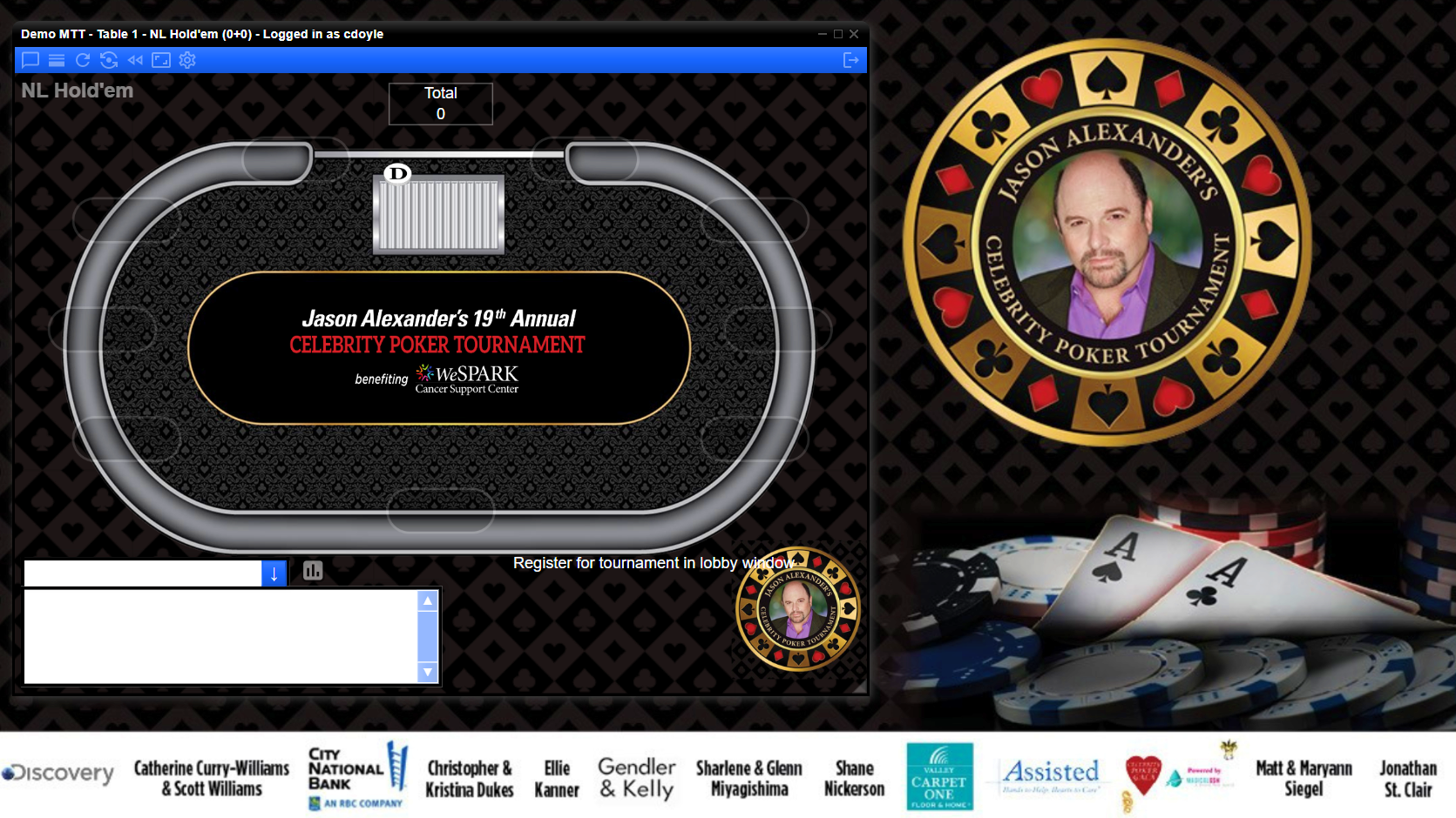 A non-profit poker fundraising charity poker virtual poker night game screen featuring a blackjack table for the Jason Alexander's 19th Annual Celebrity Poker Tournament benefiting WeSPARK Cancer Support Center.