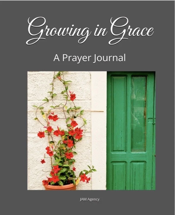 Cover of a prayer journal titled 'Growing in Grace'. The cover features a potted red flowering plant next to a green door, set against a beige wall.