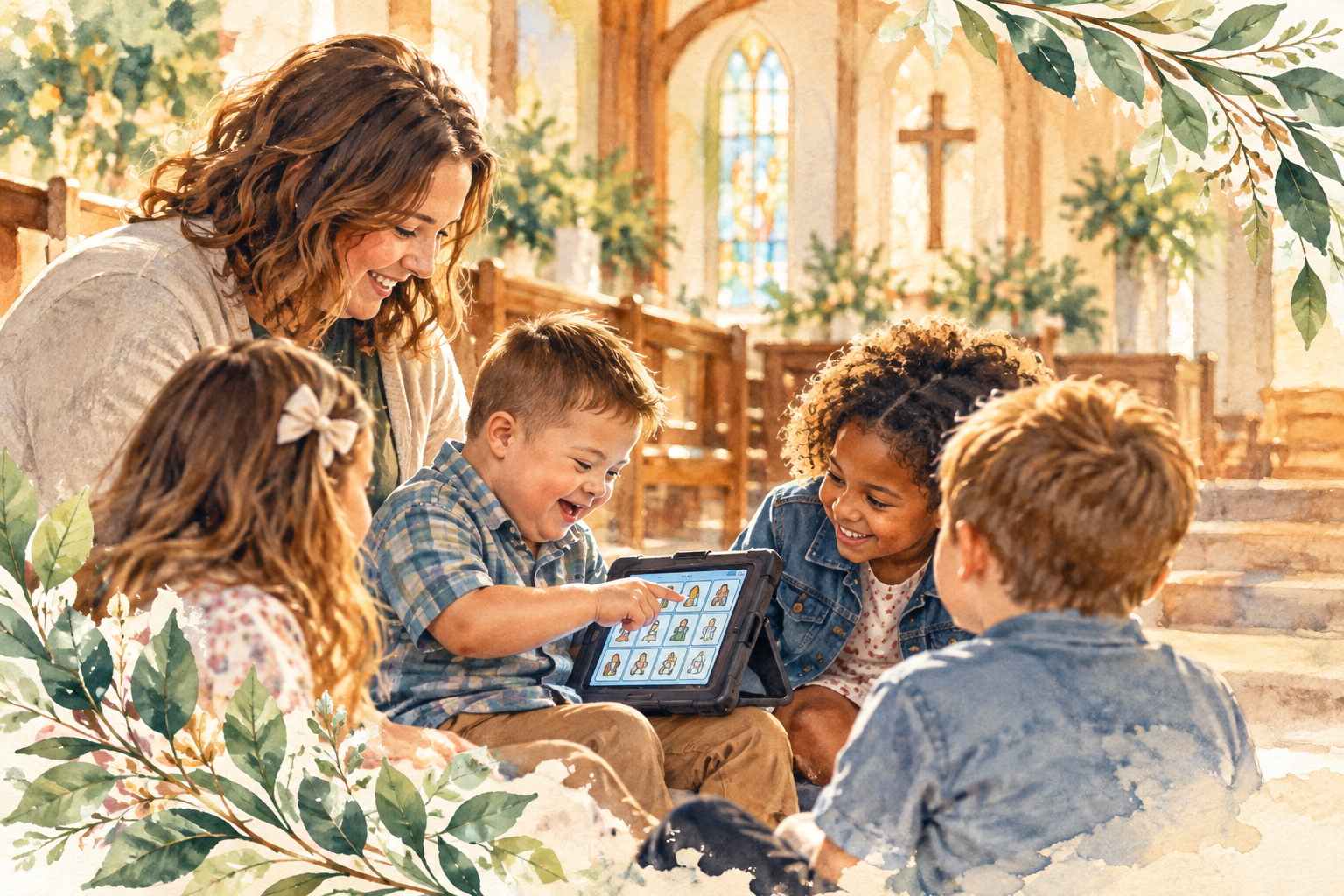 A group of children and a woman sitting together on steps inside a church, looking at a tablet screen with images, smiling and enjoying each other's company, with stained glass windows and religious symbols in the background.
