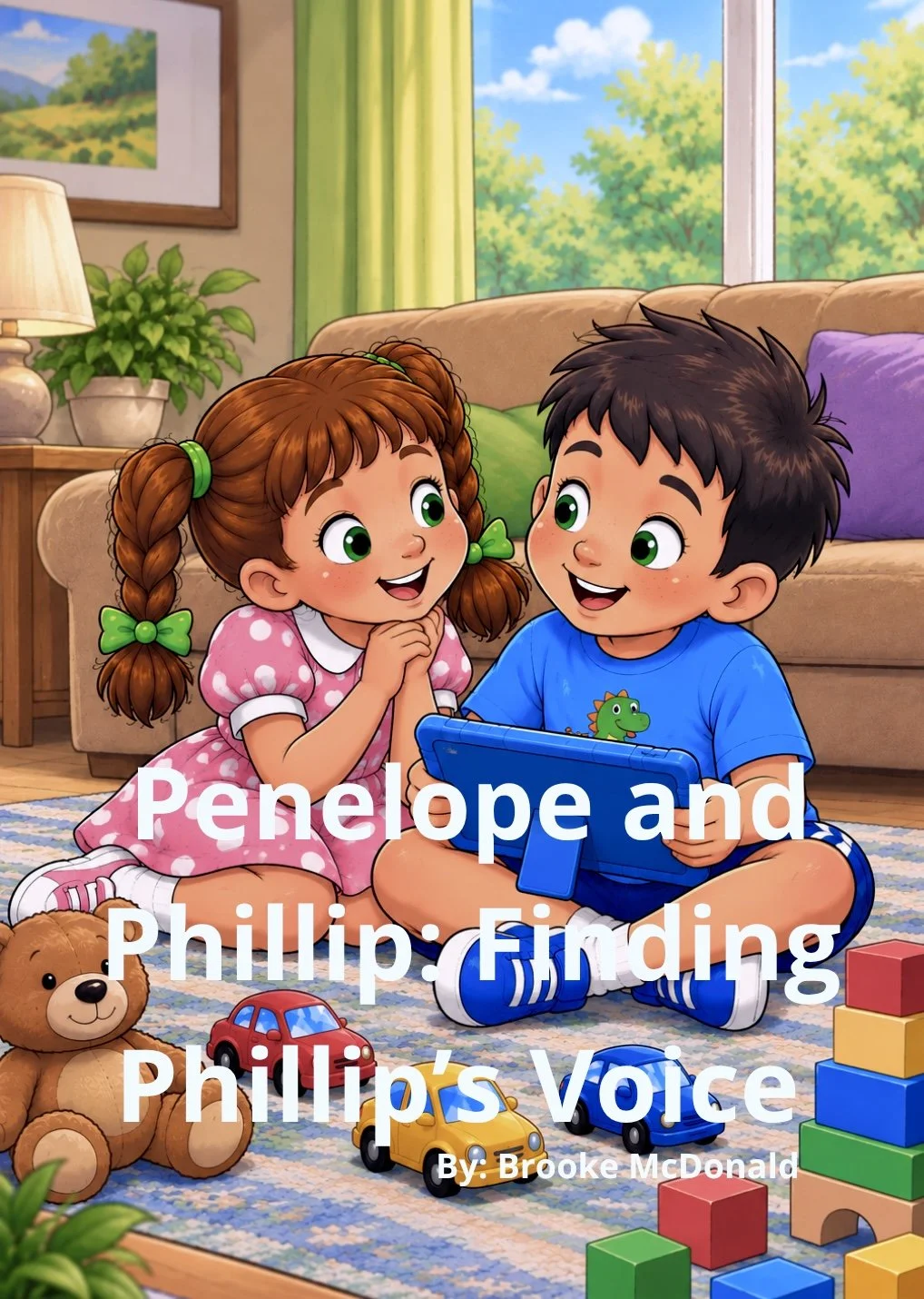 Illustration of a young girl with brown hair in pigtails and a boy with black hair sitting on the floor of a living room, playing with a tablet. The girl is wearing a pink dress with white polka dots, and the boy is wearing a blue t-shirt with a dinosaur on it. They are surrounded by toys including a teddy bear, toy cars, and colorful blocks. A window shows a bright, sunny day with trees outside.