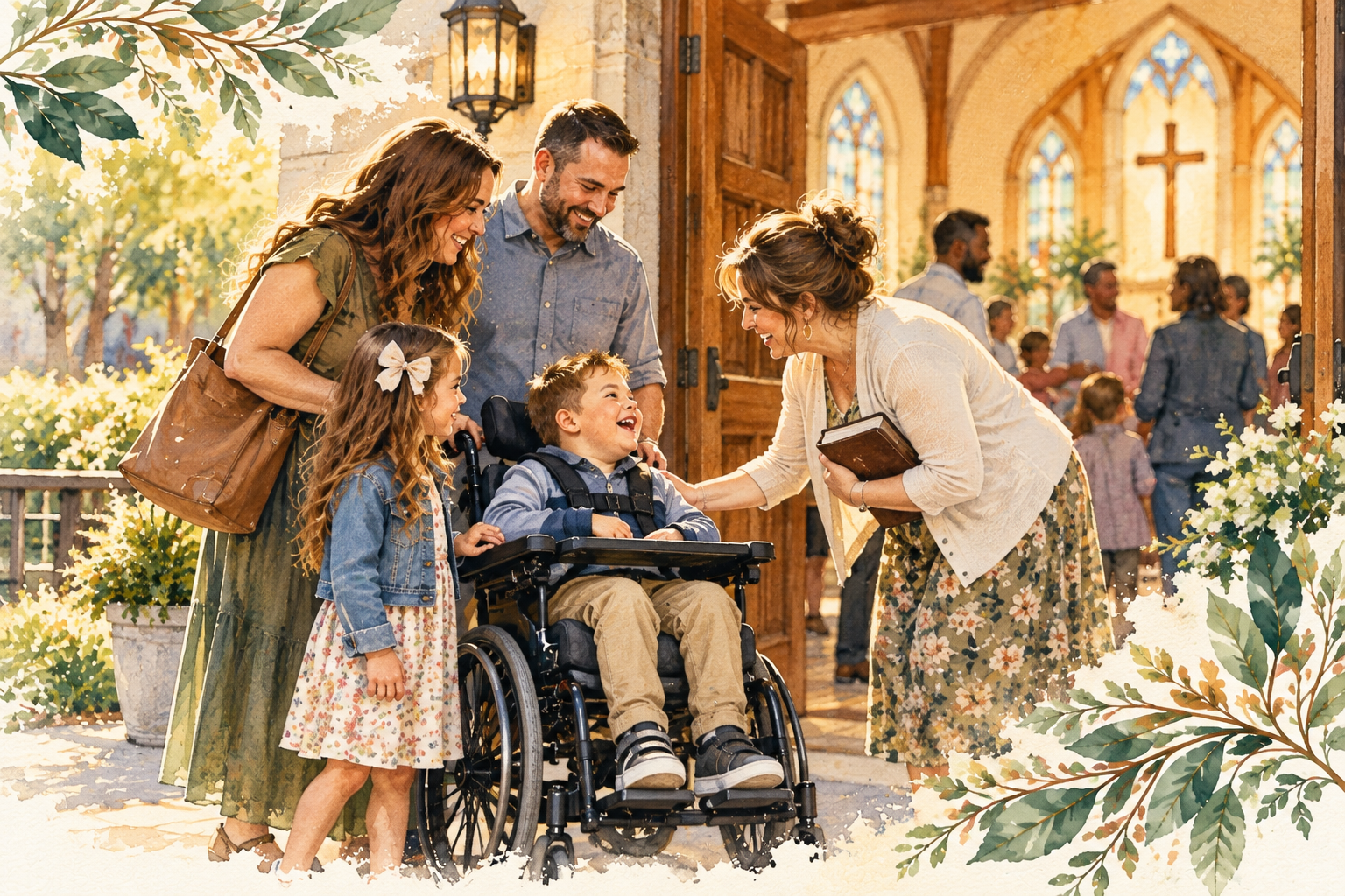 A group of people, including two children, celebrating outside a church. A woman kneels to greet a young boy in a wheelchair, smiling at him, while an adult man and woman and a little girl watch, smiling and engaging happily. The atmosphere is joyful and warm.
