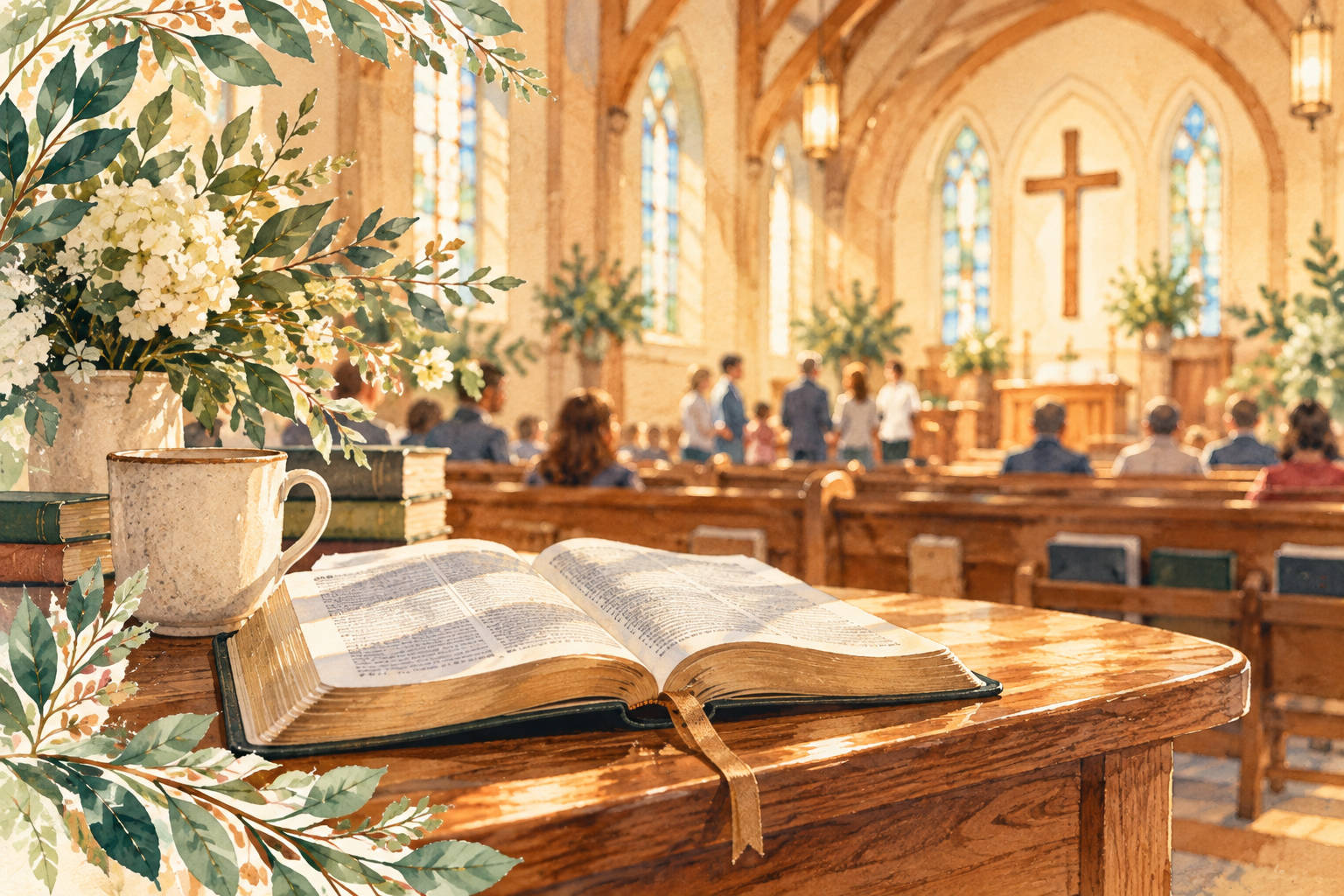 Open Bible on a wooden table in a church with flowers, books, and people in the background during a service.