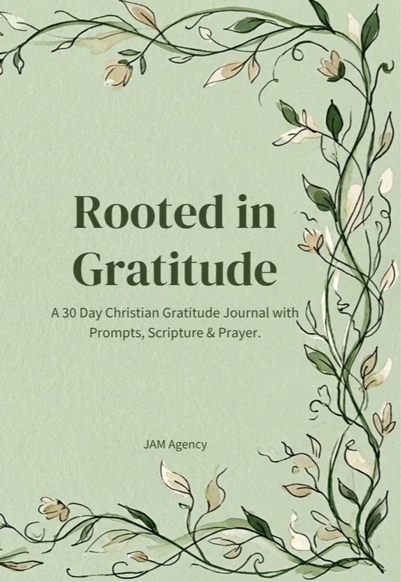 Cover of a Christian gratitude journal titled 'Rooted in Gratitude' with floral vine borders on a light green background.