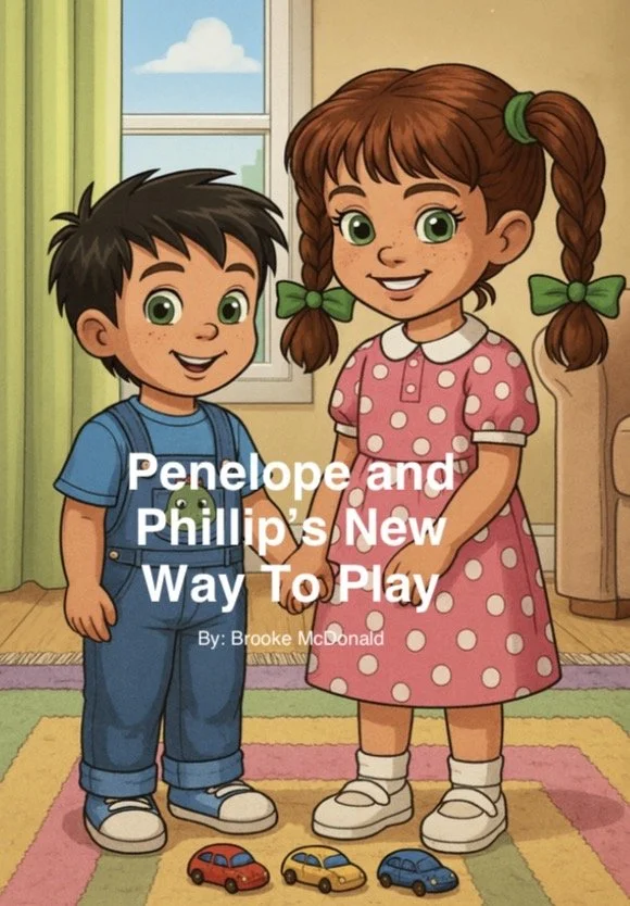 Two children, a boy and a girl, standing in a room with a window showing a blue sky with clouds. They are holding hands and smiling at each other. The boy has black hair and is wearing a blue shirt and jeans. The girl has brown hair in braids and is wearing a pink polka-dot dress. There are three small toy cars on the floor between them.