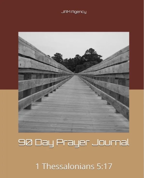 Cover of a 90-day prayer journal with a black-and-white photo of a wooden bridge extending into trees, featuring the title '90 Day Prayer Journal' and Bible verse 1 Thessalonians 5:17.
