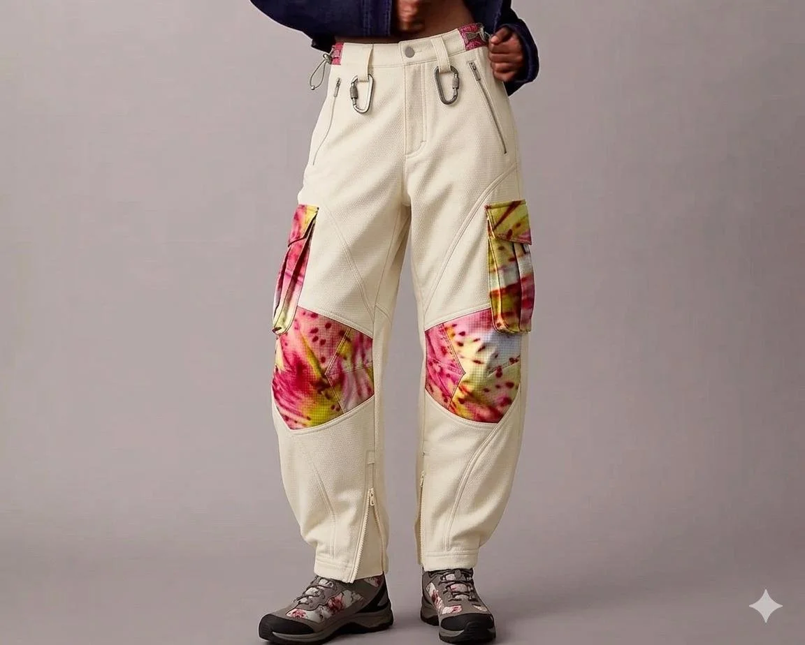 Person wearing beige cargo pants with colorful floral patches, gray hiking boots, and a dark jacket against a gray background.