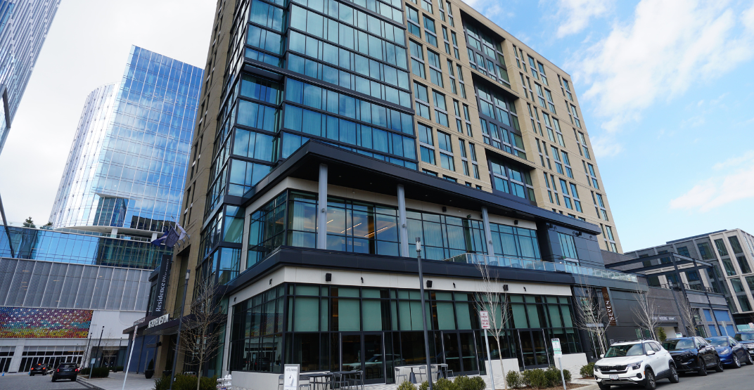 Modern multi-story glass and concrete commercial building in an urban area with parked cars and a blue sky.