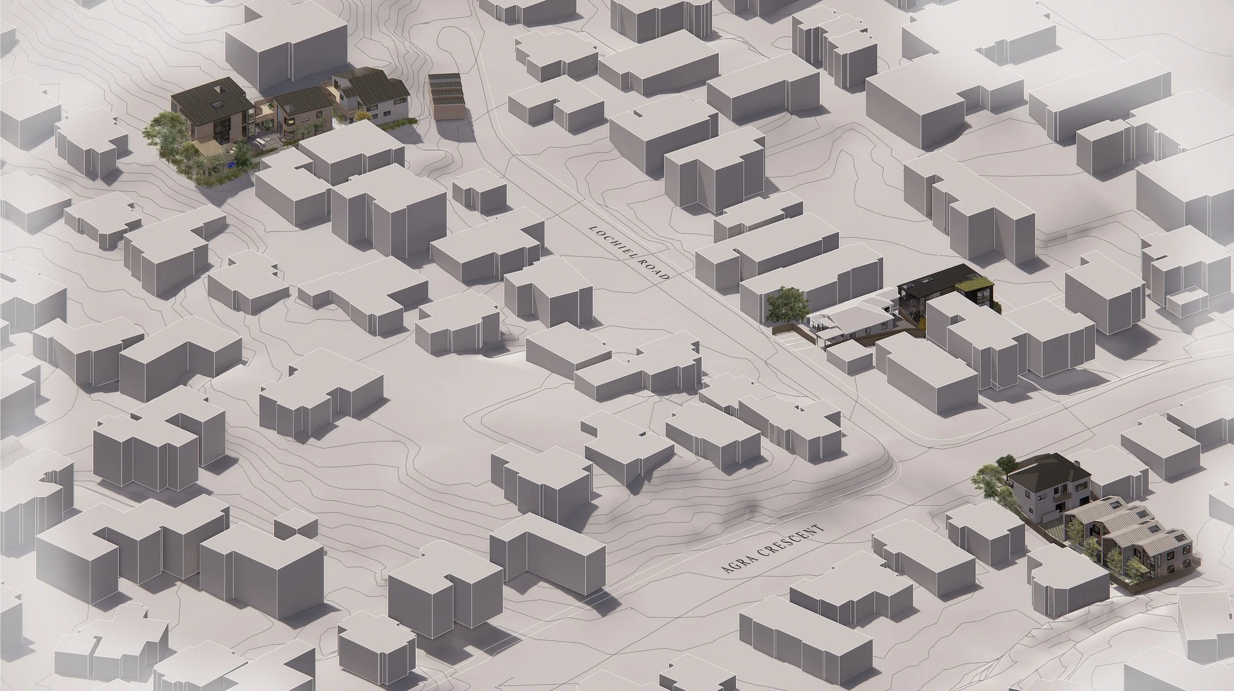 3D map rendering with abstract buildings and highlighted landscaped areas labeled Lochiel Road and Agra Crescent."}