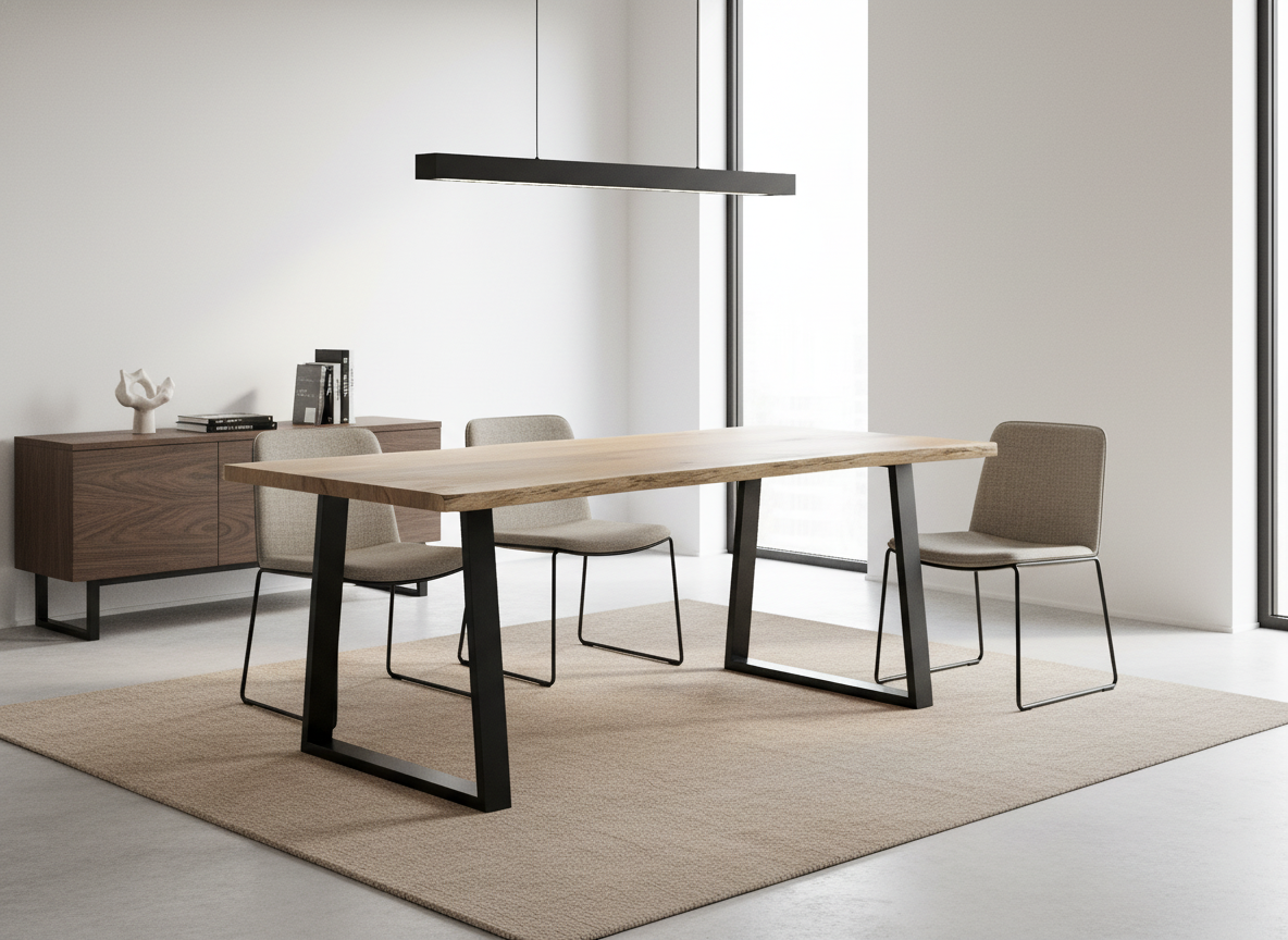 Sala de reuniones minimalista con mesa de madera y cuatro sillas en un espacio luminoso con grandes ventanas