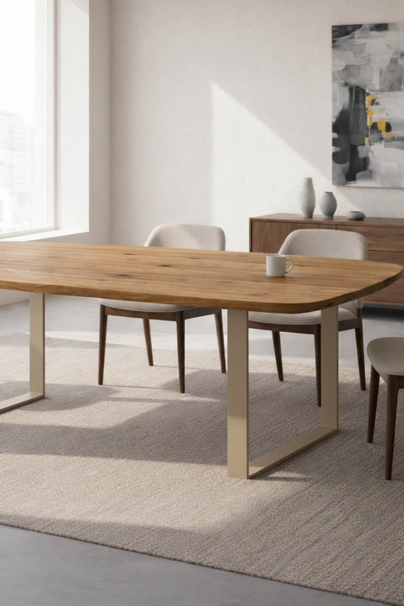 Mesa de madera con patas blancas, rodeada de sillas de tela beige y madera, en una sala moderna con decoración sencilla.