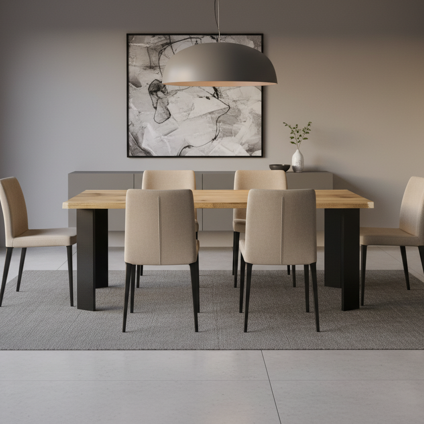 Sala de comedor moderna con mesa de madera y ocho sillas beige, lámpara colgante gris, cuadro abstracto en la pared, y jarrón con planta en una consola gris.