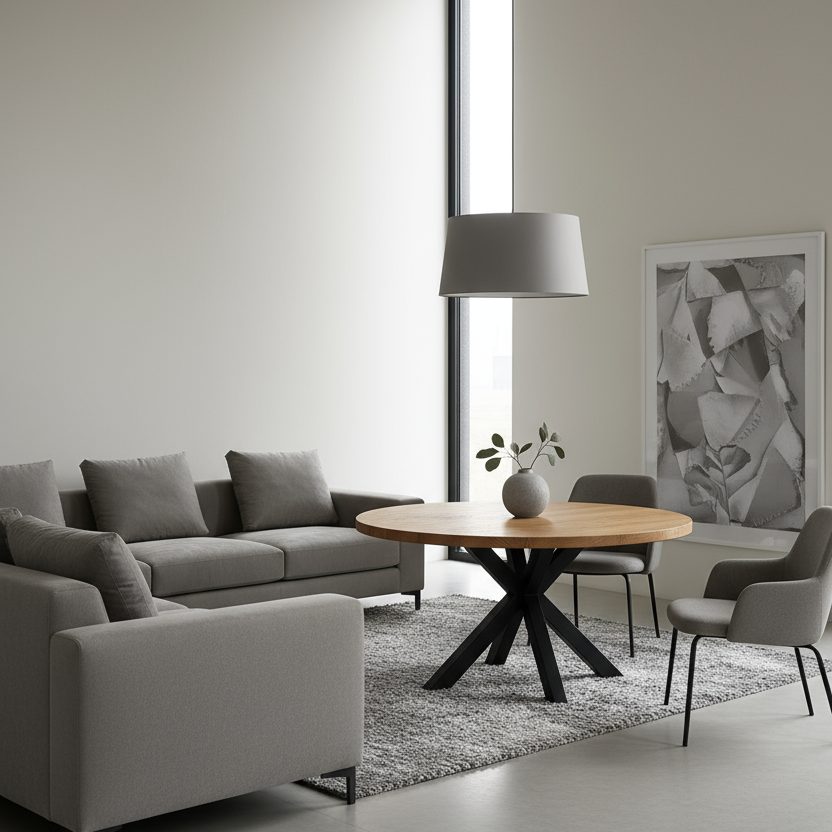 Sala de estar moderna con sofá gris, mesa redonda de madera, sillas grises, lámpara de techo gris y un cuadro en la pared.