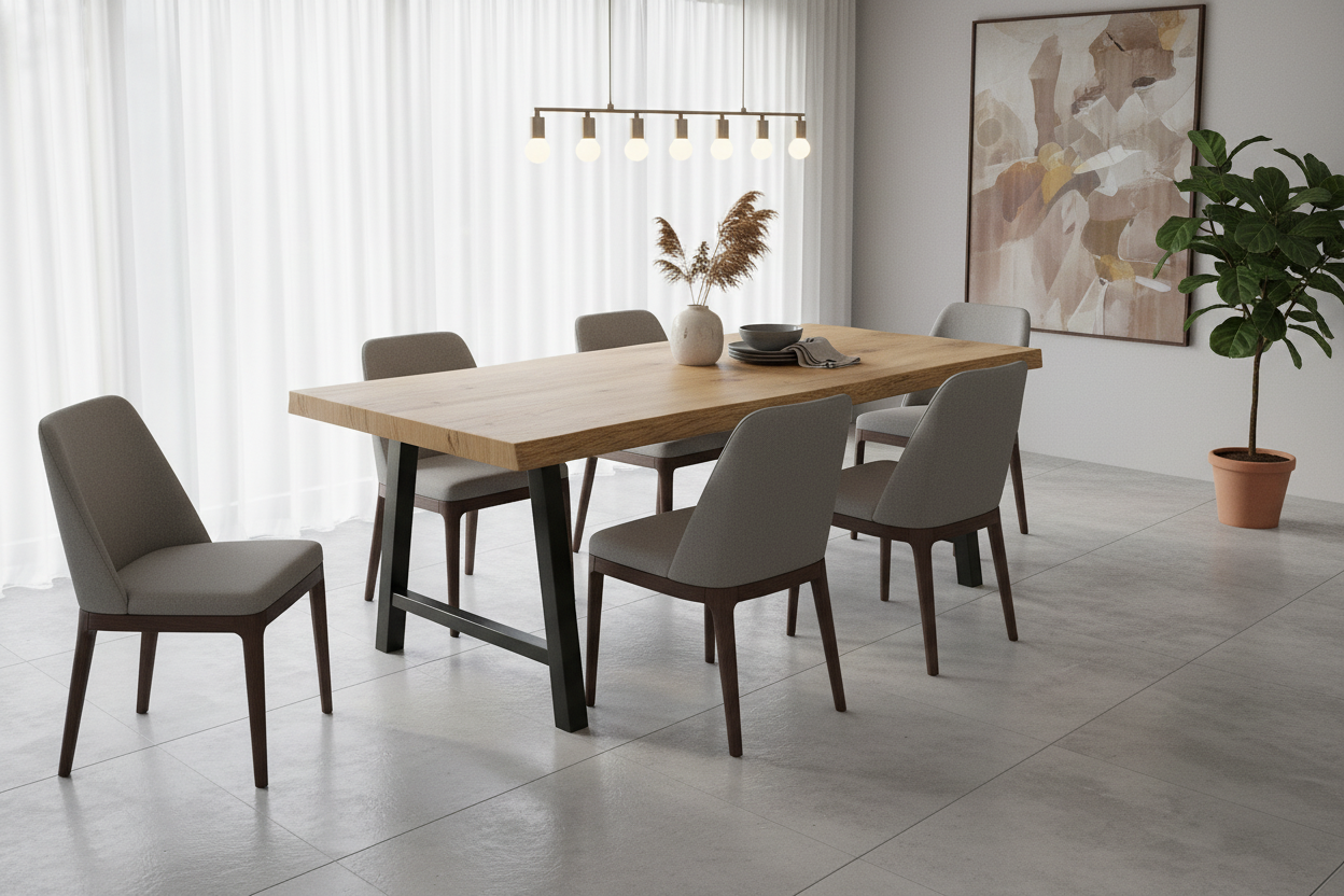 Comedor moderno con mesa de madera y sillas grises, lámpara colgante con varias bombillas y un cuadro abstracto en la pared