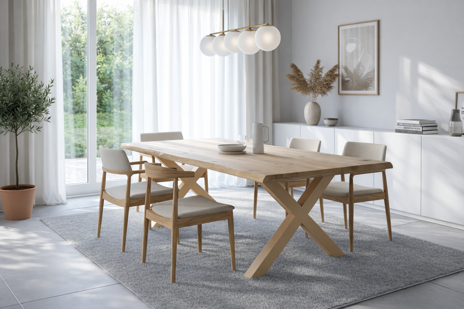 Comedor moderno con mesa de madera clara, seis sillas y decoración minimalista junto a una ventana con cortinas blancas.