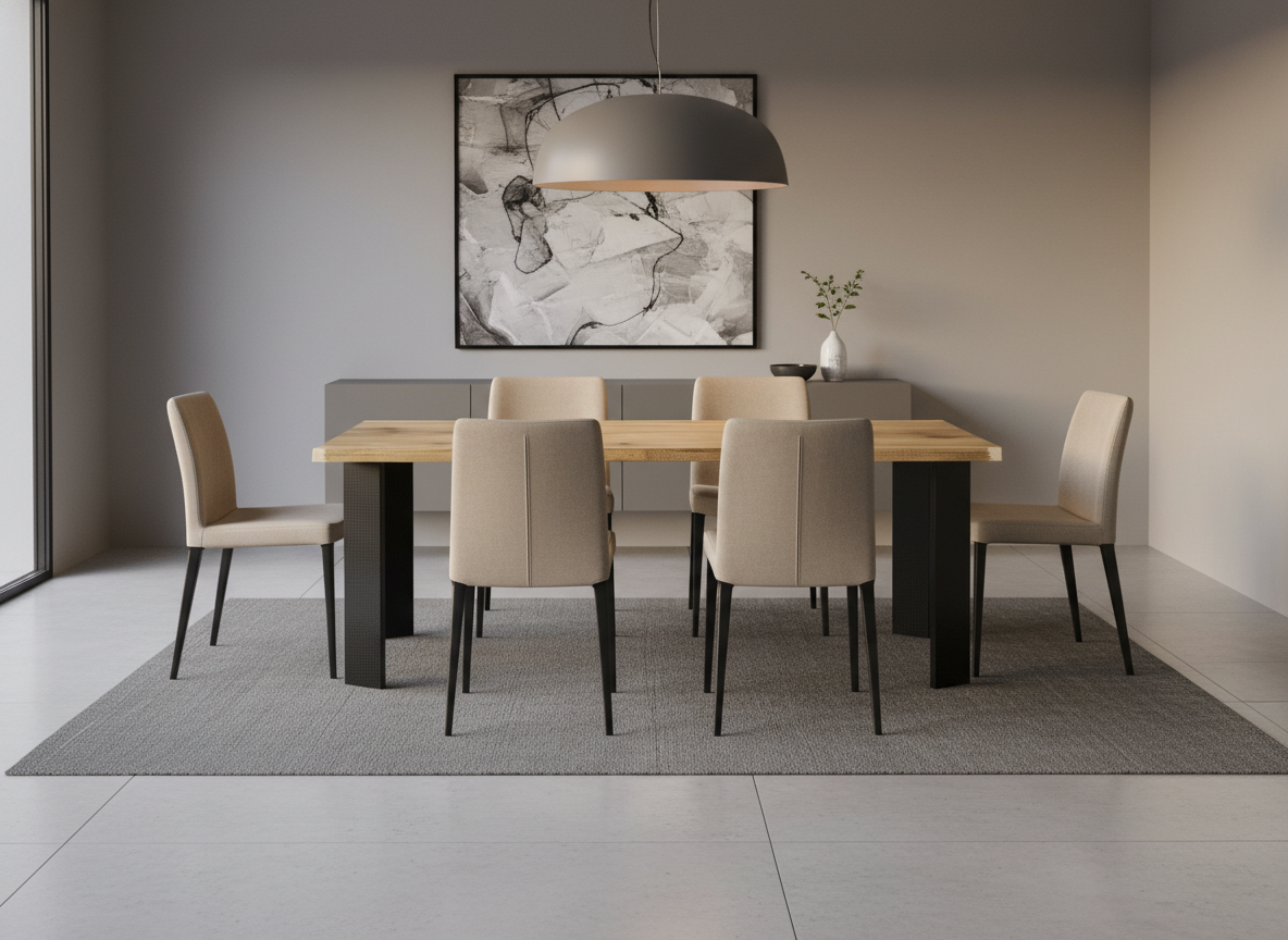 Comedor con mesa de madera, seis sillas beige, lámpara grande gris colgante, cuadro abstracto en la pared, mueble gris con una planta y dos bowls.