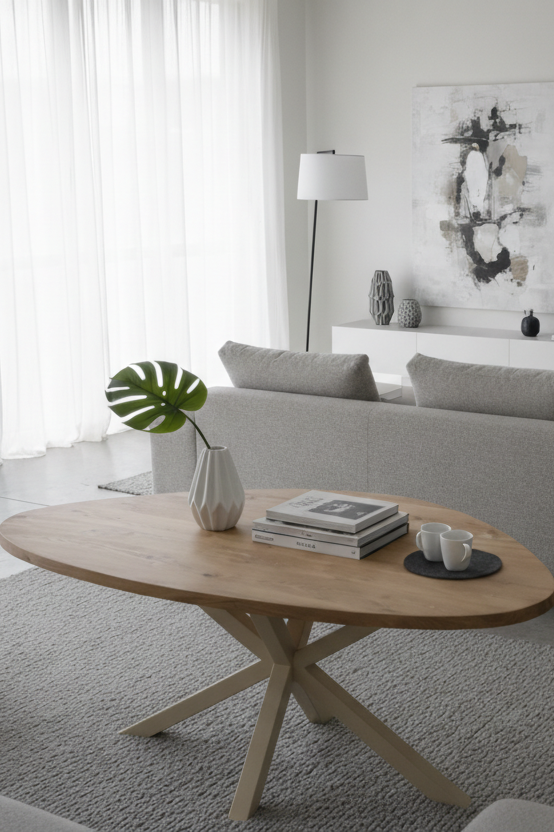 Sala de estar moderna con sofá gris, mesa de madera con una planta, libros y tazas, cortinas blancas y arte abstracto en la pared.