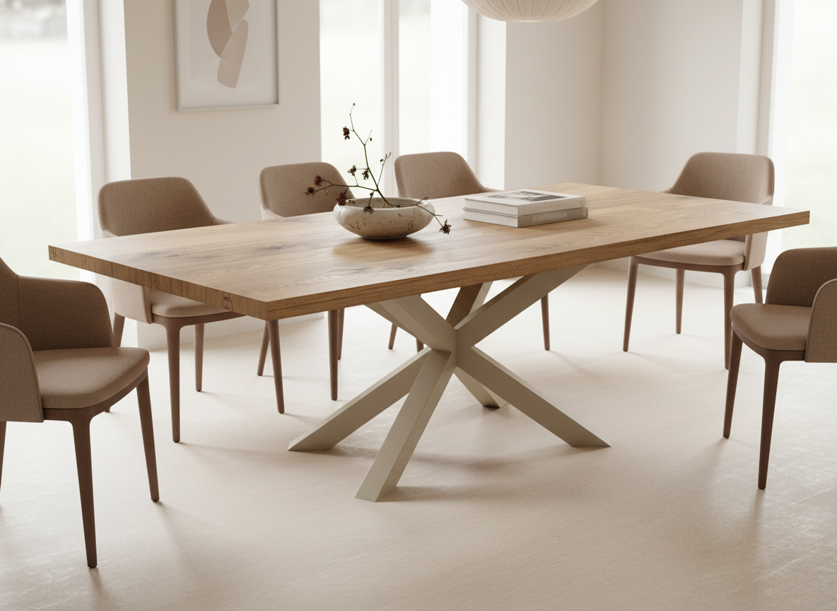 Mesa de comedor de madera con seis sillas beige alrededor y un jarrón con ramas secas en el centro, en una habitación luminosa.