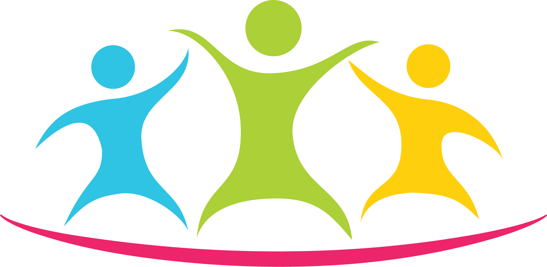 Colorful abstract depiction of three stylized human figures holding hands, standing on a curved pink line.