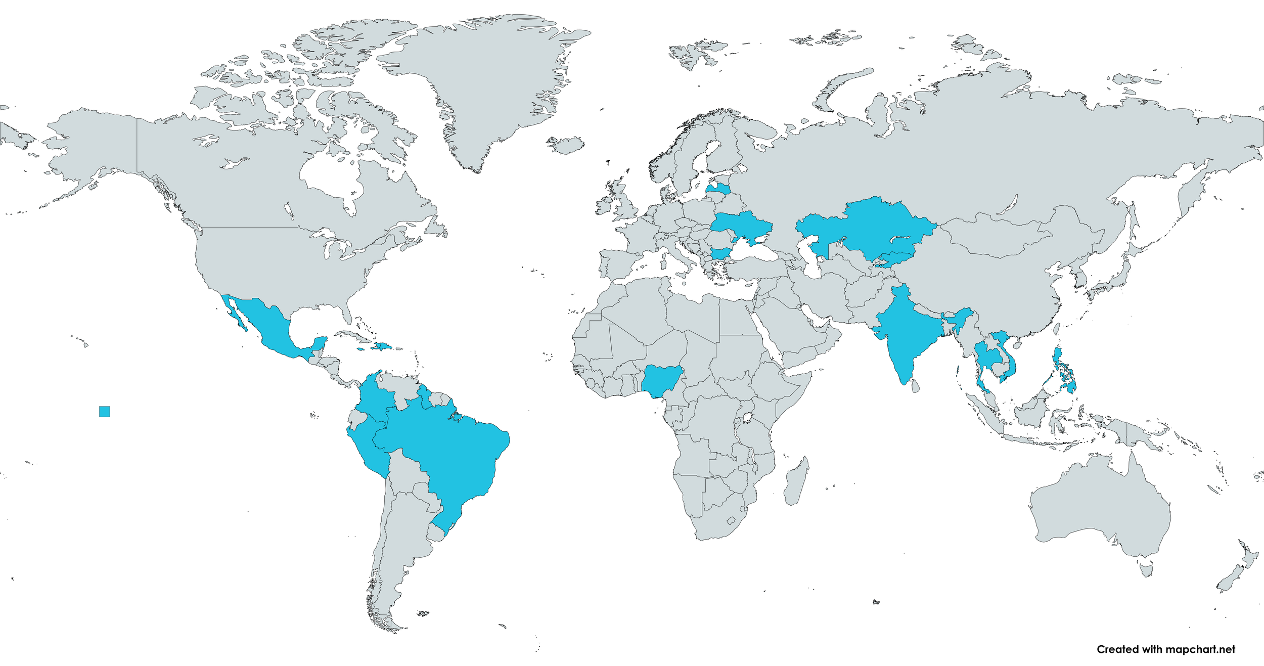 World map highlighting countries in North America, South America, and Africa in blue.