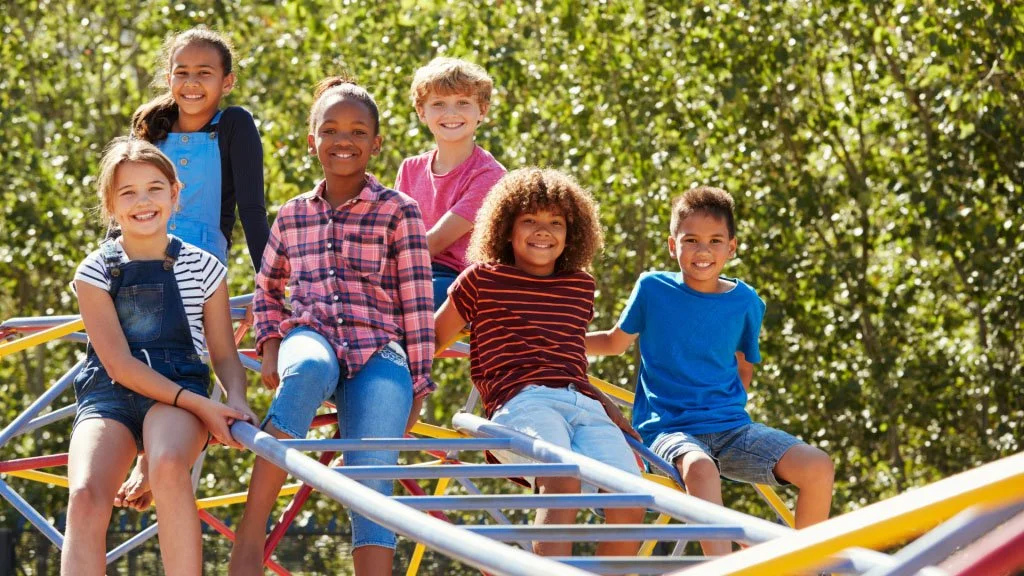 Seven children sitting and standing on a jungle gym at a park with trees in the background, smiling at the camera.
