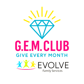 Logo for G.E.M. Club with a blue diamond, pink text, and the Evolve Family Services logo.
