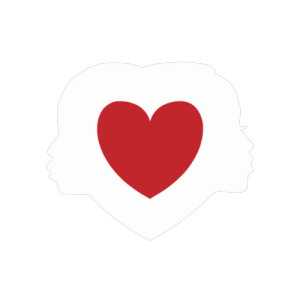 Silhouettes of two people facing opposite directions with a red heart in the center.