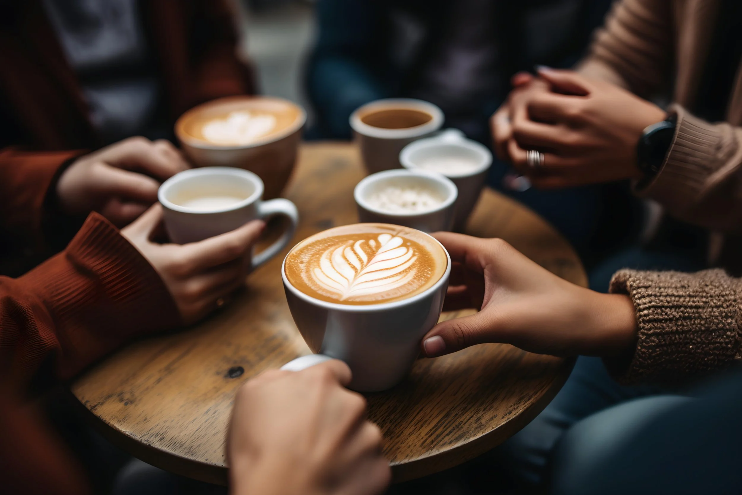 Several people are gathered around a wooden table, each holding a coffee cup. One cup has latte art in the shape of a leaf. There are additional cups and beverages on the table.